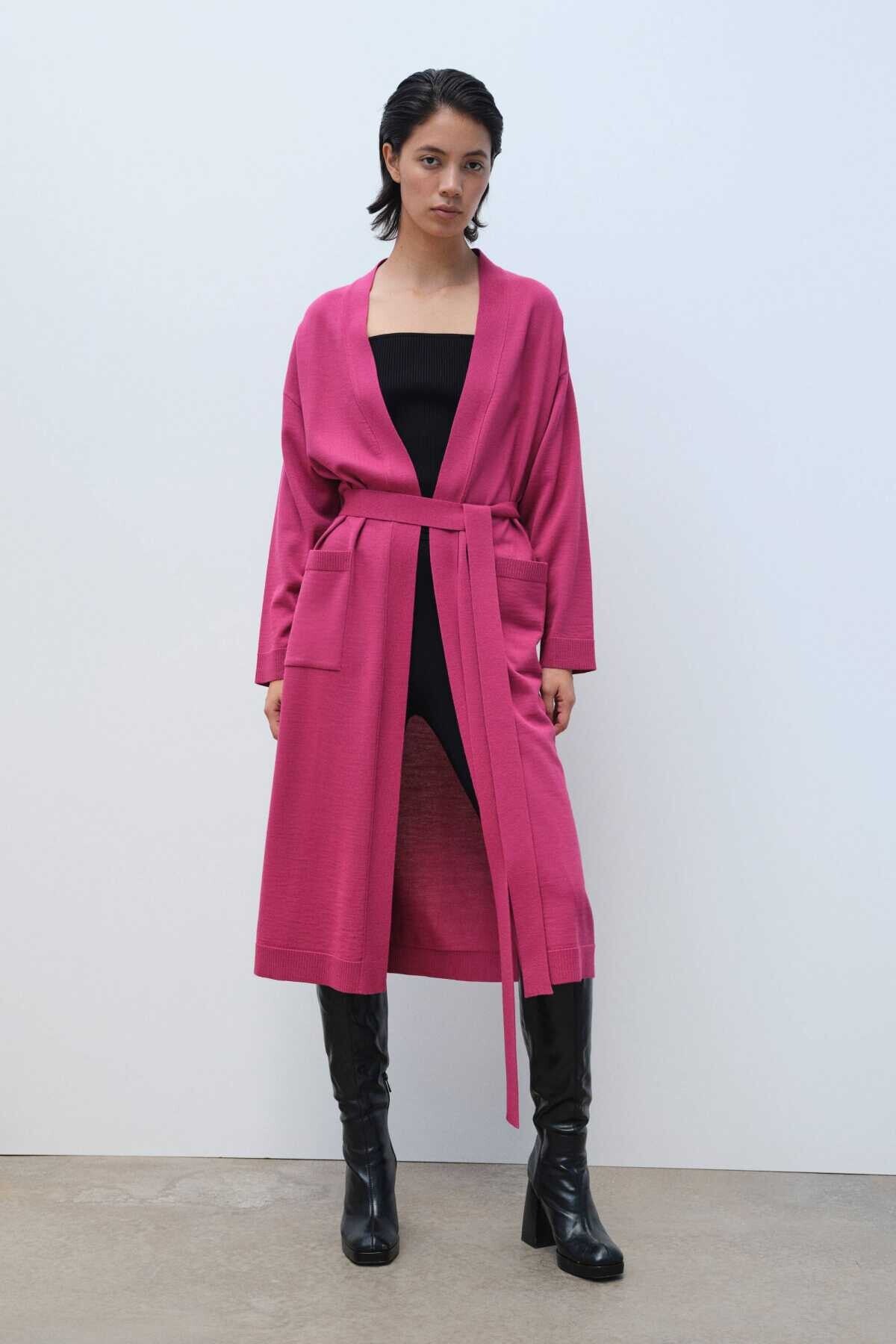 Long Women's Cardigan with Waist Tie and Rose Embroidery
