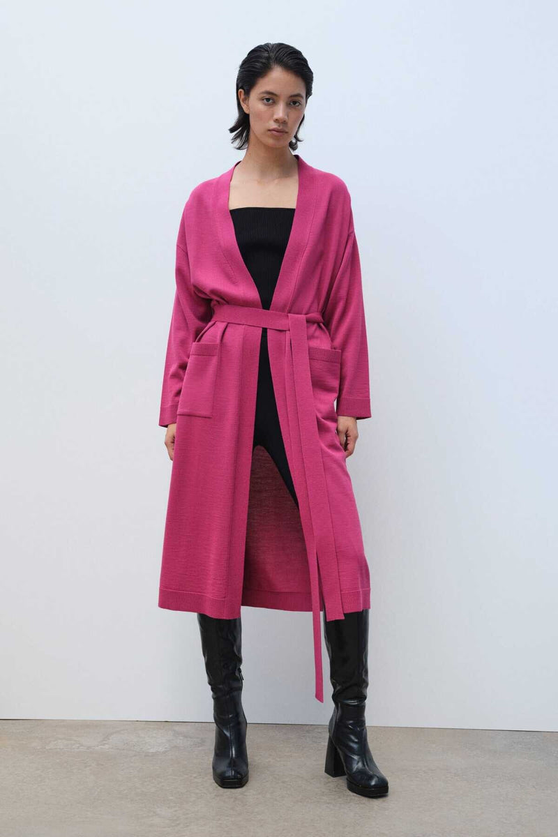 Long Women's Cardigan with Waist Tie and Rose Embroidery