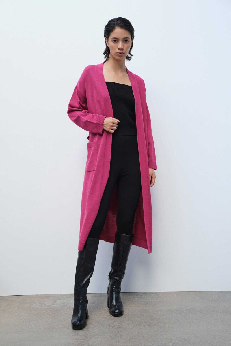 Long Women's Cardigan with Waist Tie and Rose Embroidery