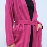 Long Women's Cardigan with Waist Tie and Rose Embroidery