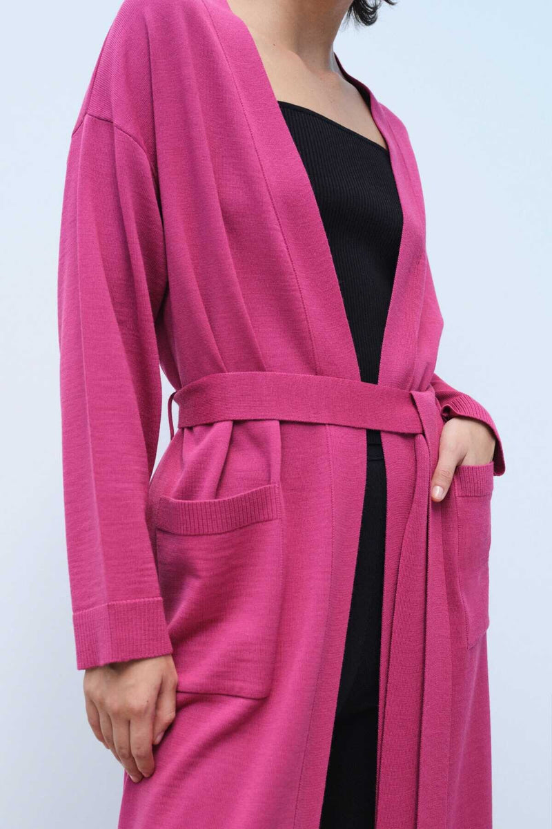 Long Women's Cardigan with Waist Tie and Rose Embroidery