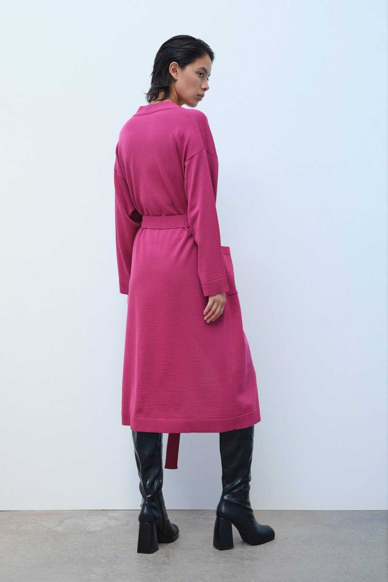 Long Women's Cardigan with Waist Tie and Rose Embroidery