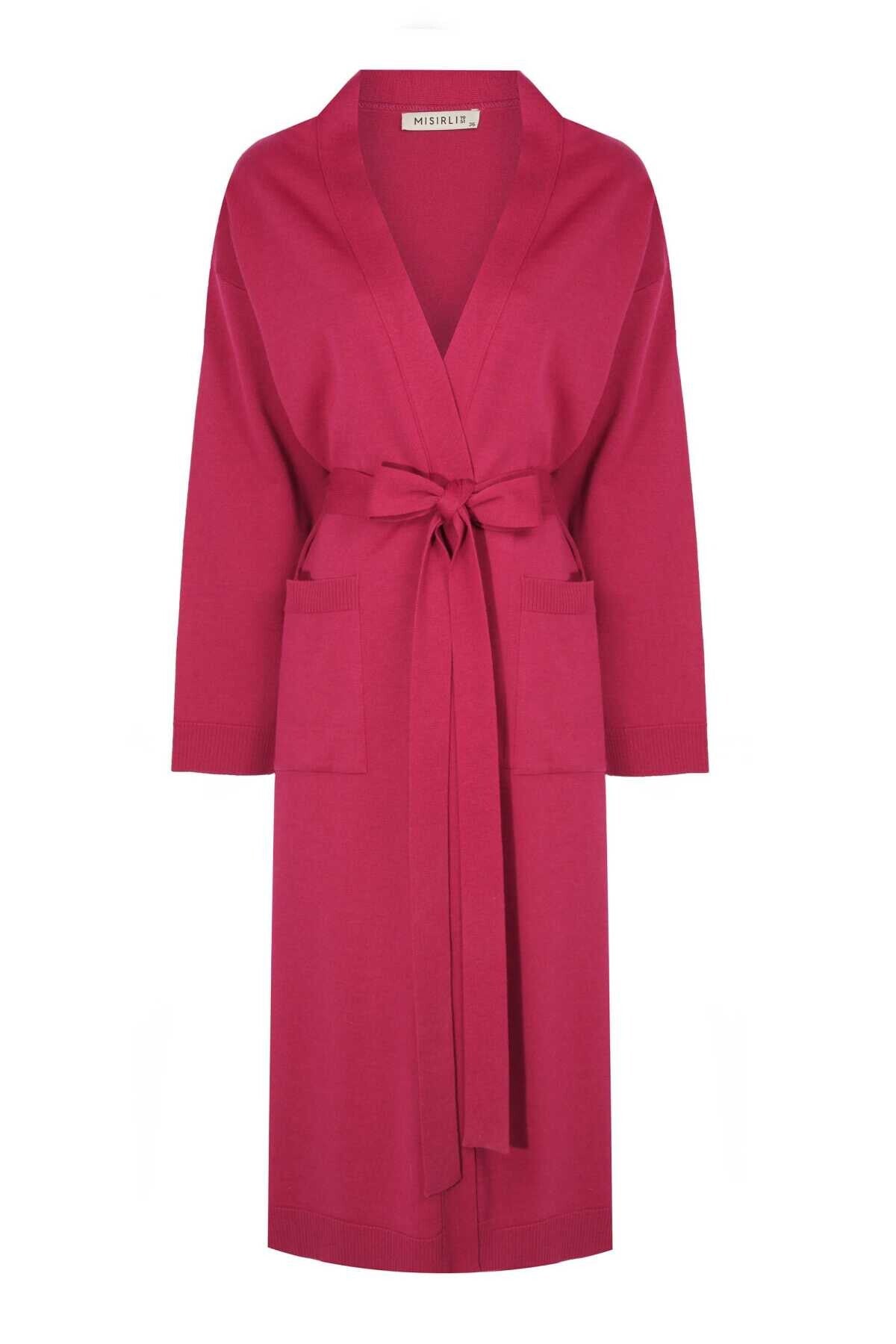 Long Women's Cardigan with Waist Tie and Rose Embroidery