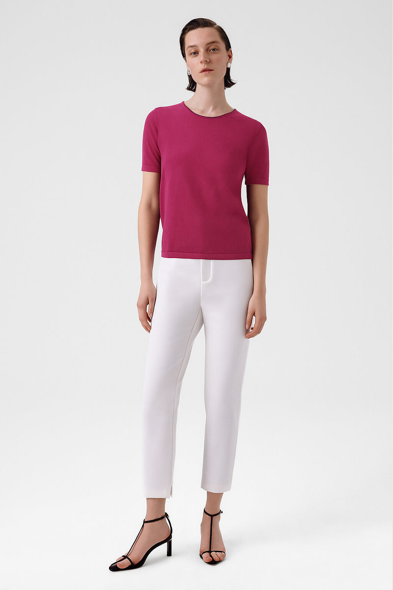 Rose-Colored Short-Sleeved Women's Sweater with a Bicycle Neckline
