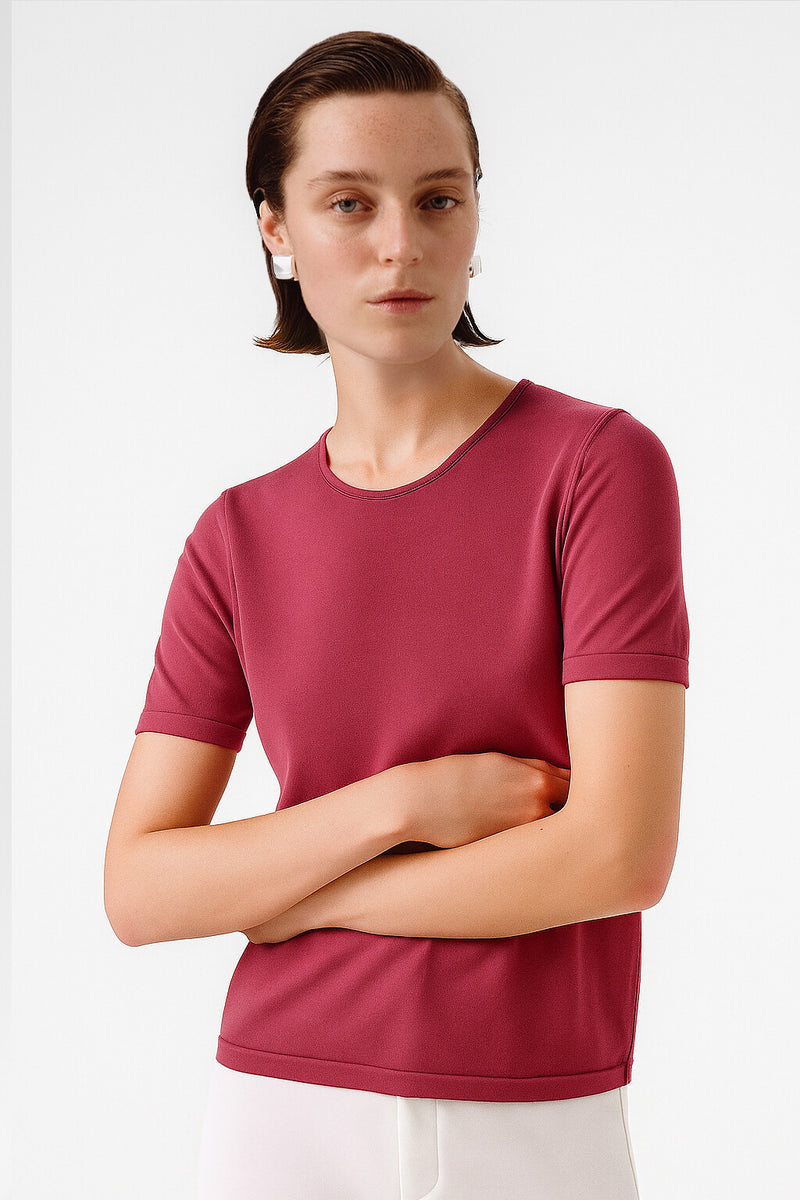 Rose-Colored Short-Sleeved Women's Sweater with a Bicycle Neckline