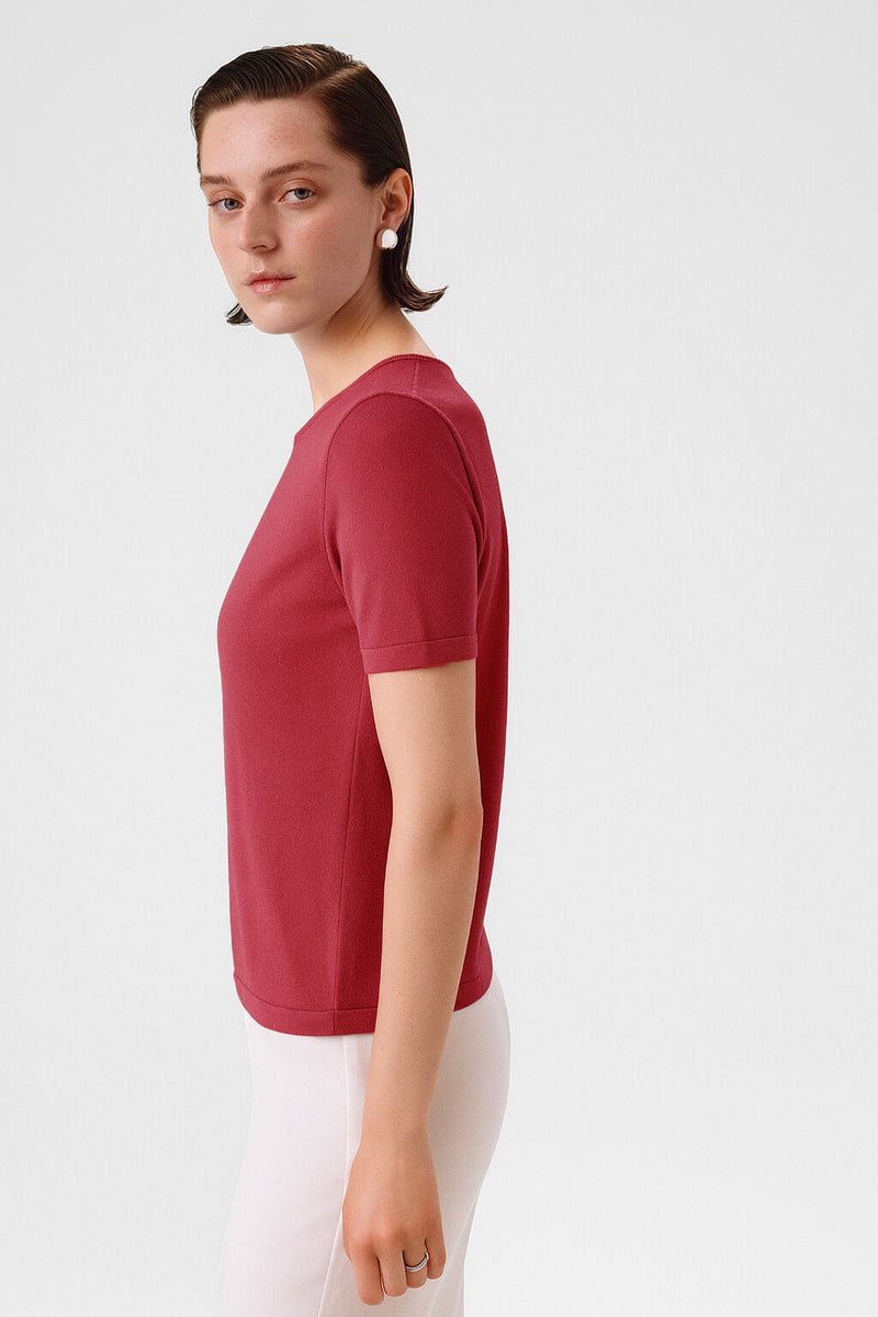 Rose-Colored Short-Sleeved Women's Sweater with a Bicycle Neckline