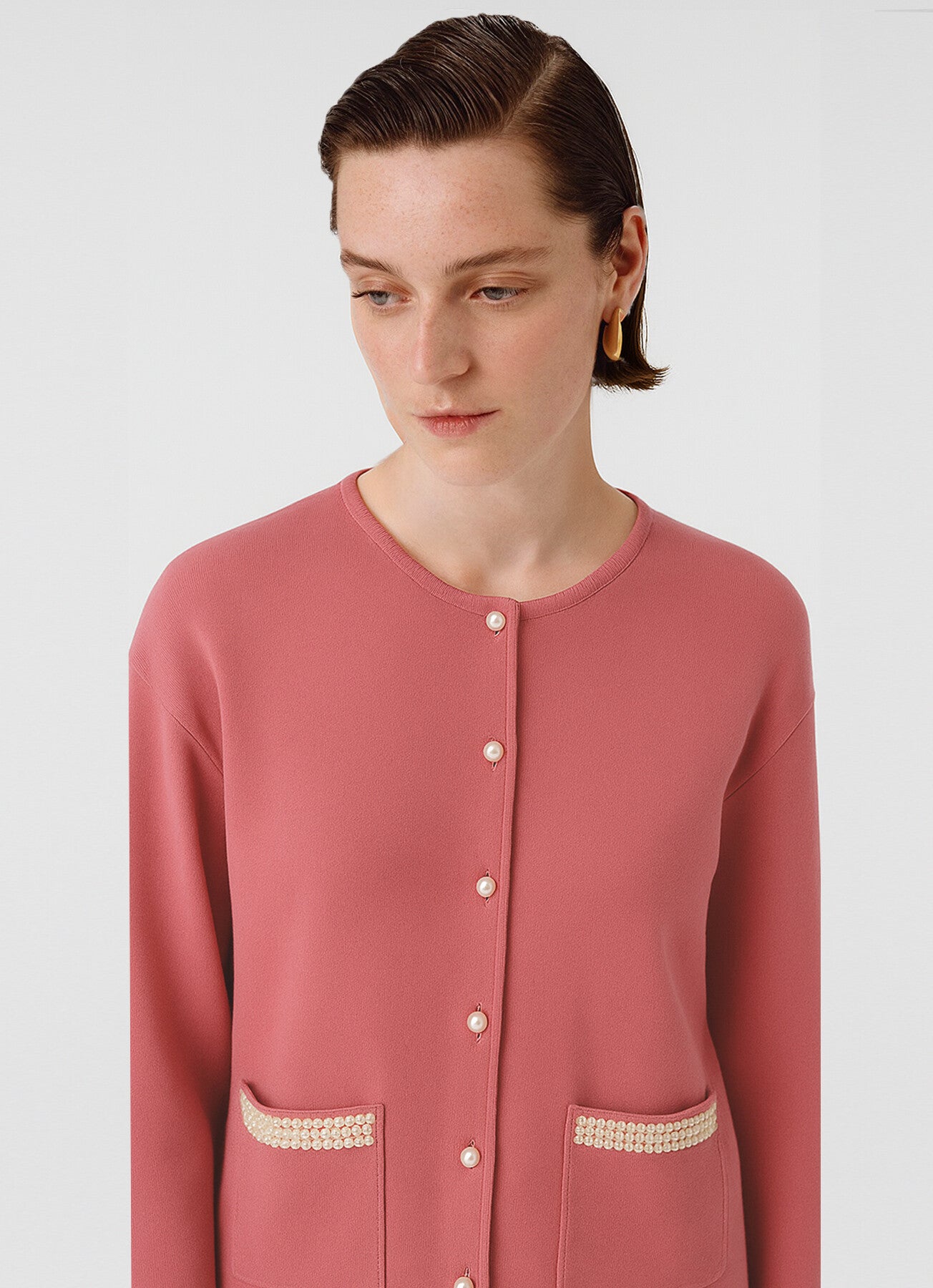 Women's Jacket with Pearl Buttons and Pocket Details