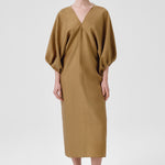 Khaki Balloon Sleeve V-Neck Dress