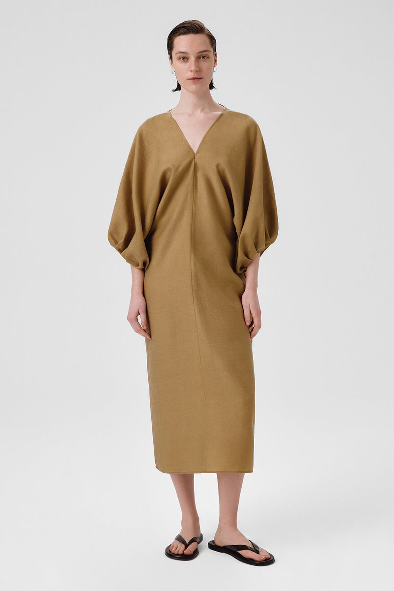 Khaki Balloon Sleeve V-Neck Dress