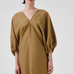 Khaki Balloon Sleeve V-Neck Dress