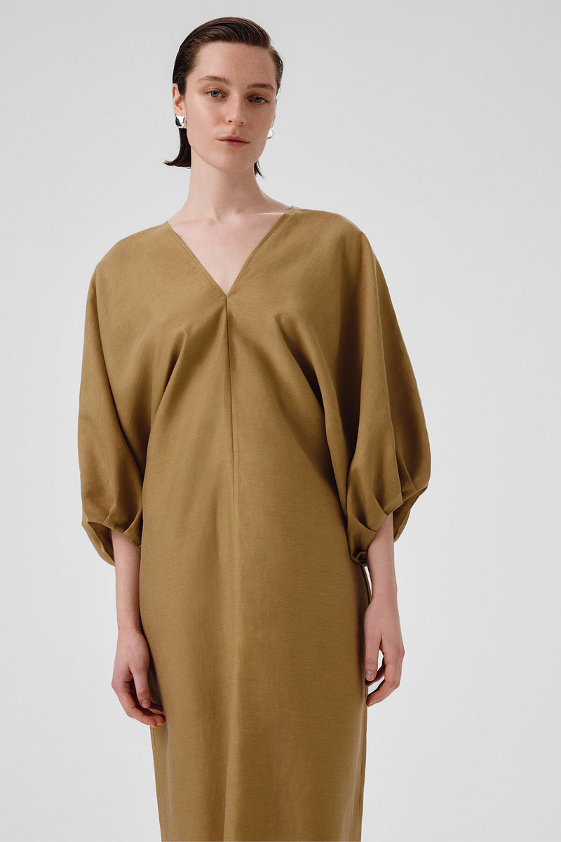 Khaki Balloon Sleeve V-Neck Dress