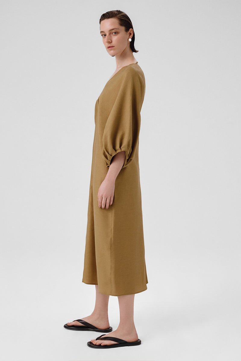 Khaki Balloon Sleeve V-Neck Dress