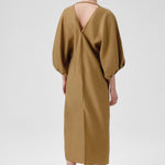 Khaki Balloon Sleeve V-Neck Dress