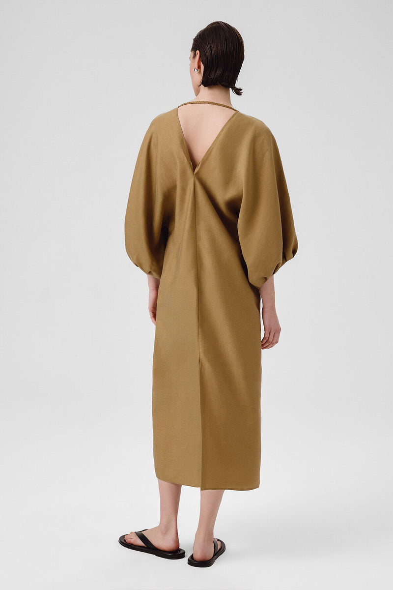 Khaki Balloon Sleeve V-Neck Dress