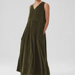 Khaki Pleated Sleeveless Long Dress