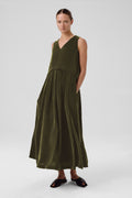 Khaki Pleated Sleeveless Long Dress