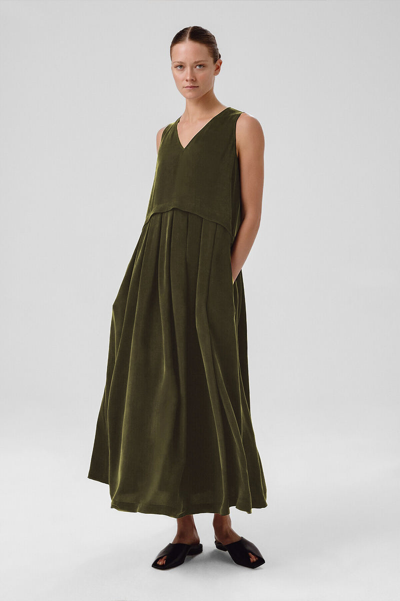 Khaki Pleated Sleeveless Long Dress
