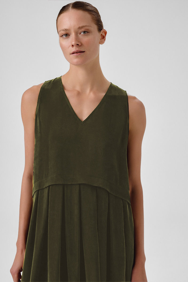 Khaki Pleated Sleeveless Long Dress