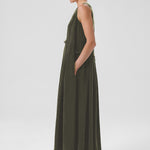 Khaki Pleated Sleeveless Long Dress