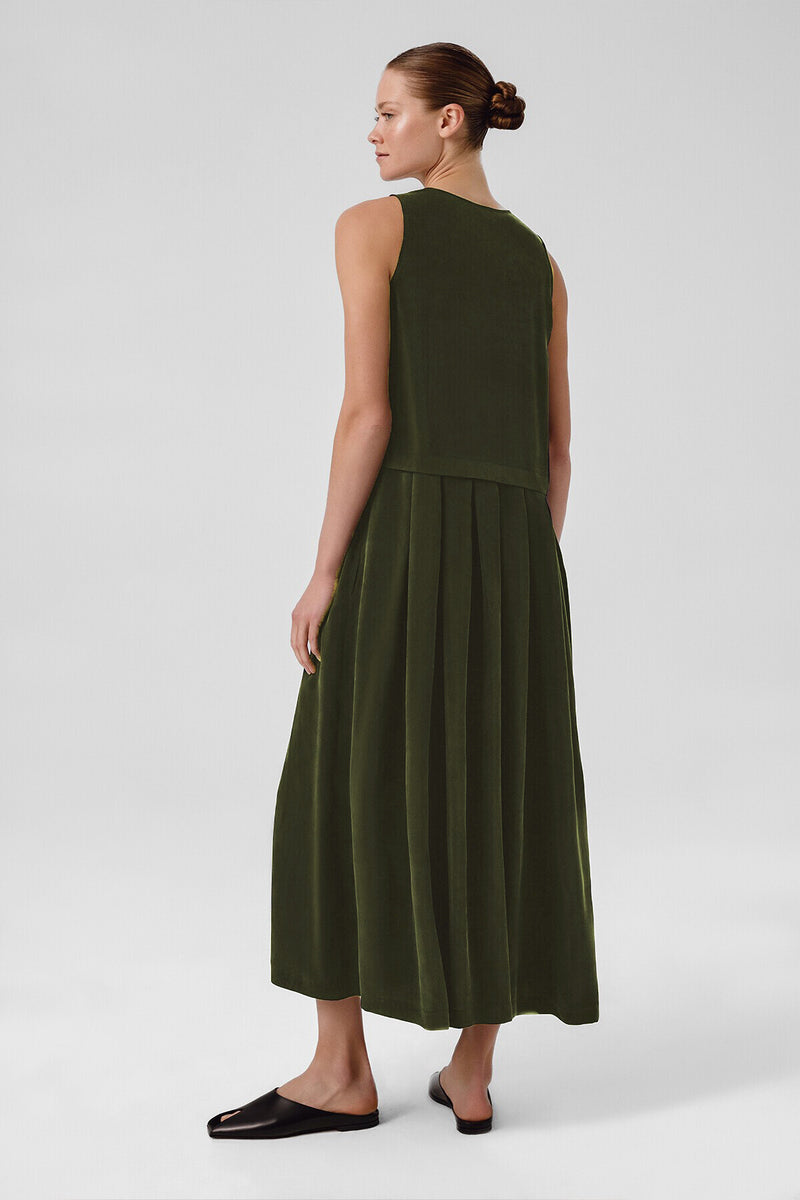 Khaki Pleated Sleeveless Long Dress