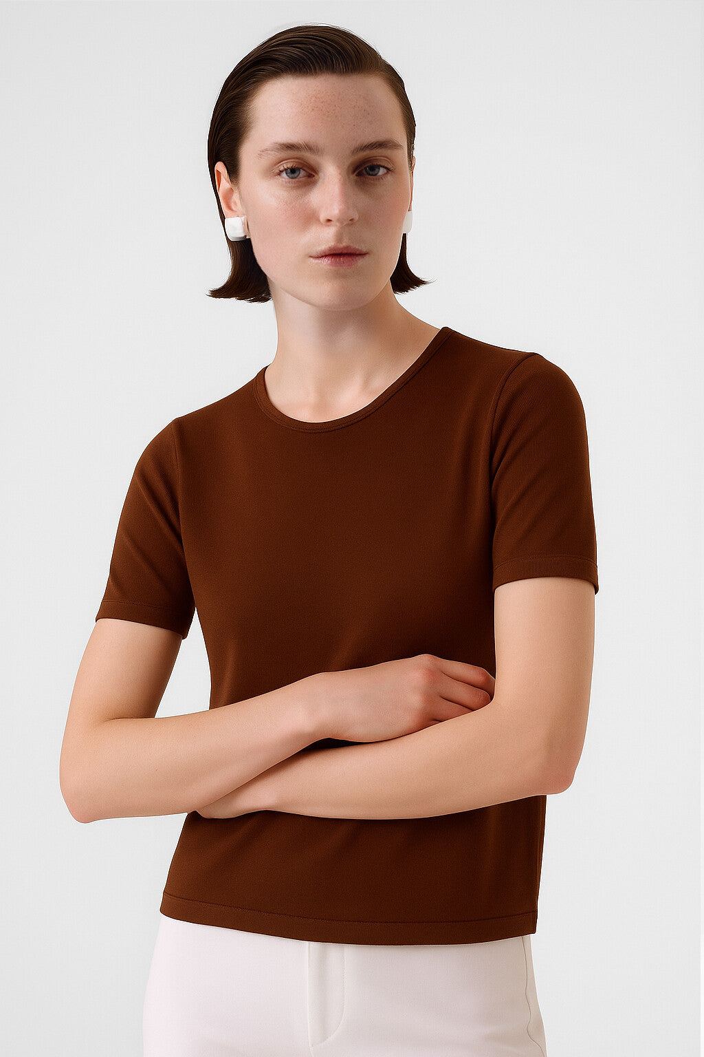 Brown Short Sleeve Women's Sweater with a Bike Neck