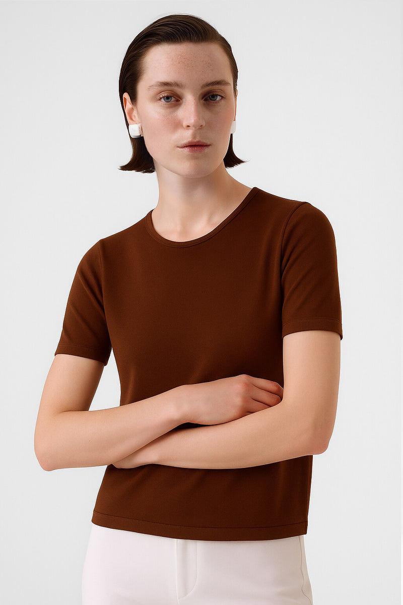 Brown Short Sleeve Women's Sweater with a Bike Neck