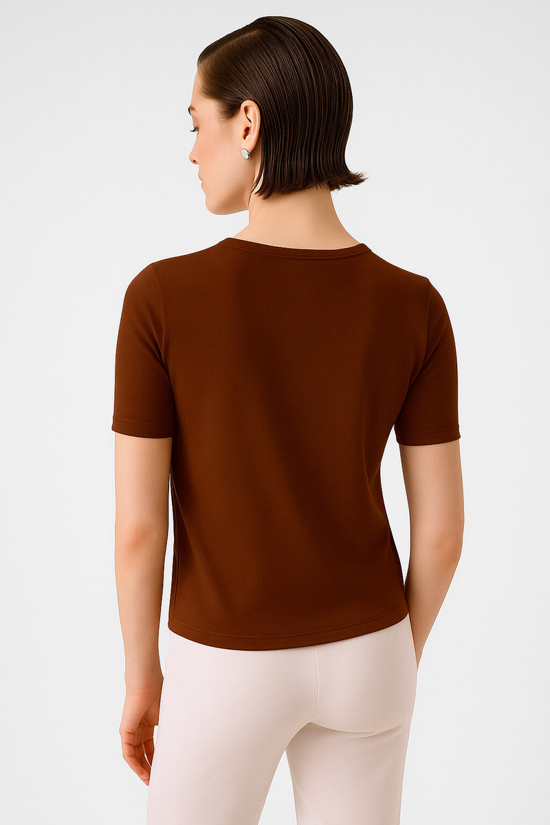 Brown Short Sleeve Women's Sweater with a Bike Neck