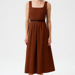 Brown Square Neck Belted Long Dress