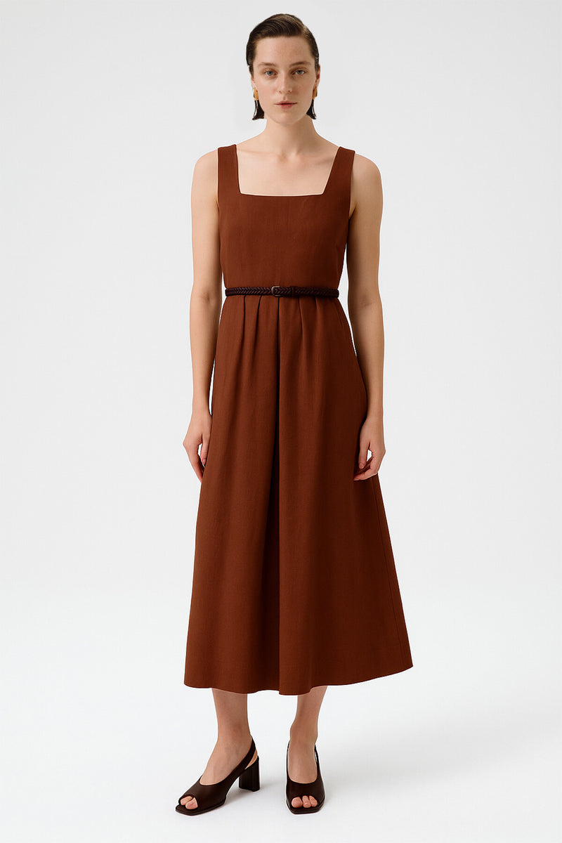 Brown Square Neck Belted Long Dress