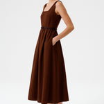 Brown Square Neck Belted Long Dress