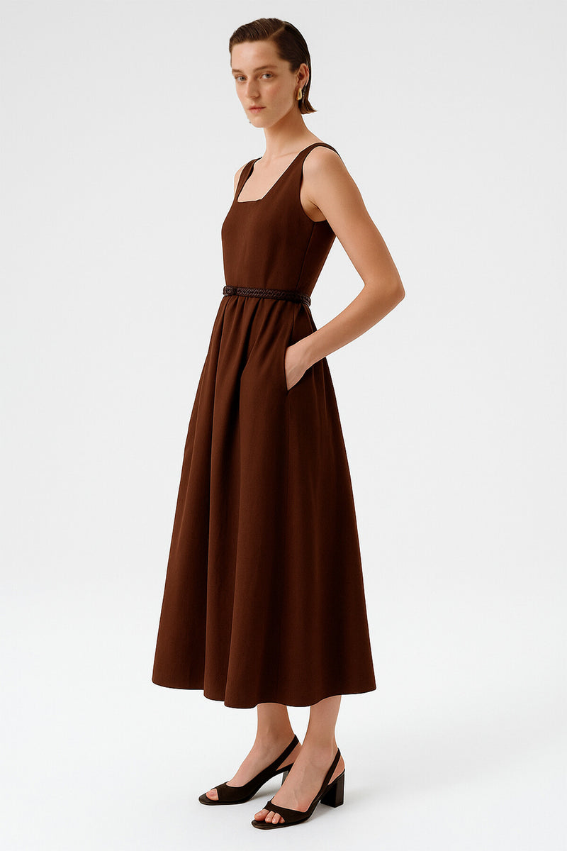 Brown Square Neck Belted Long Dress