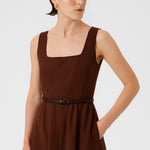 Brown Square Neck Belted Long Dress
