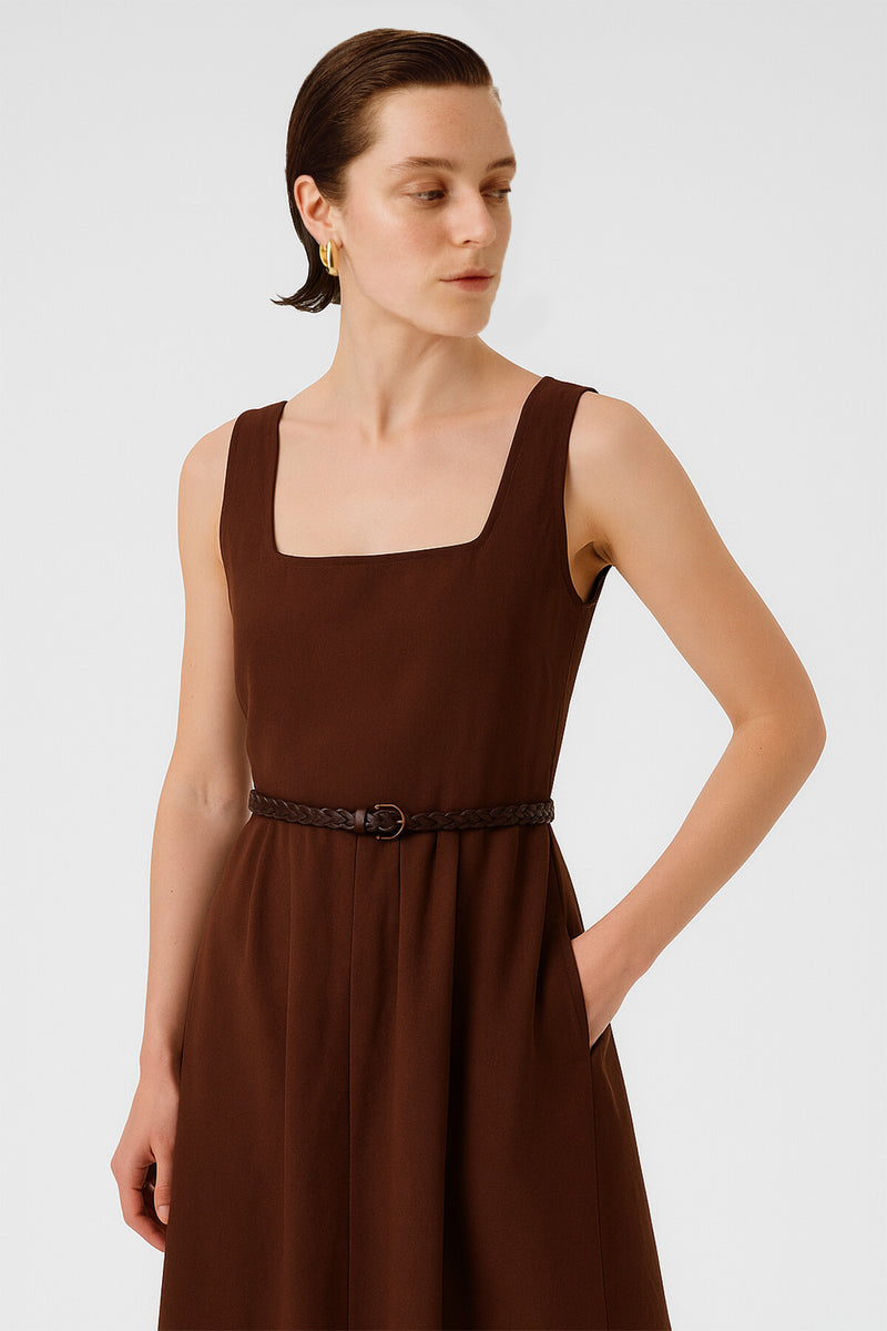 Brown Square Neck Belted Long Dress