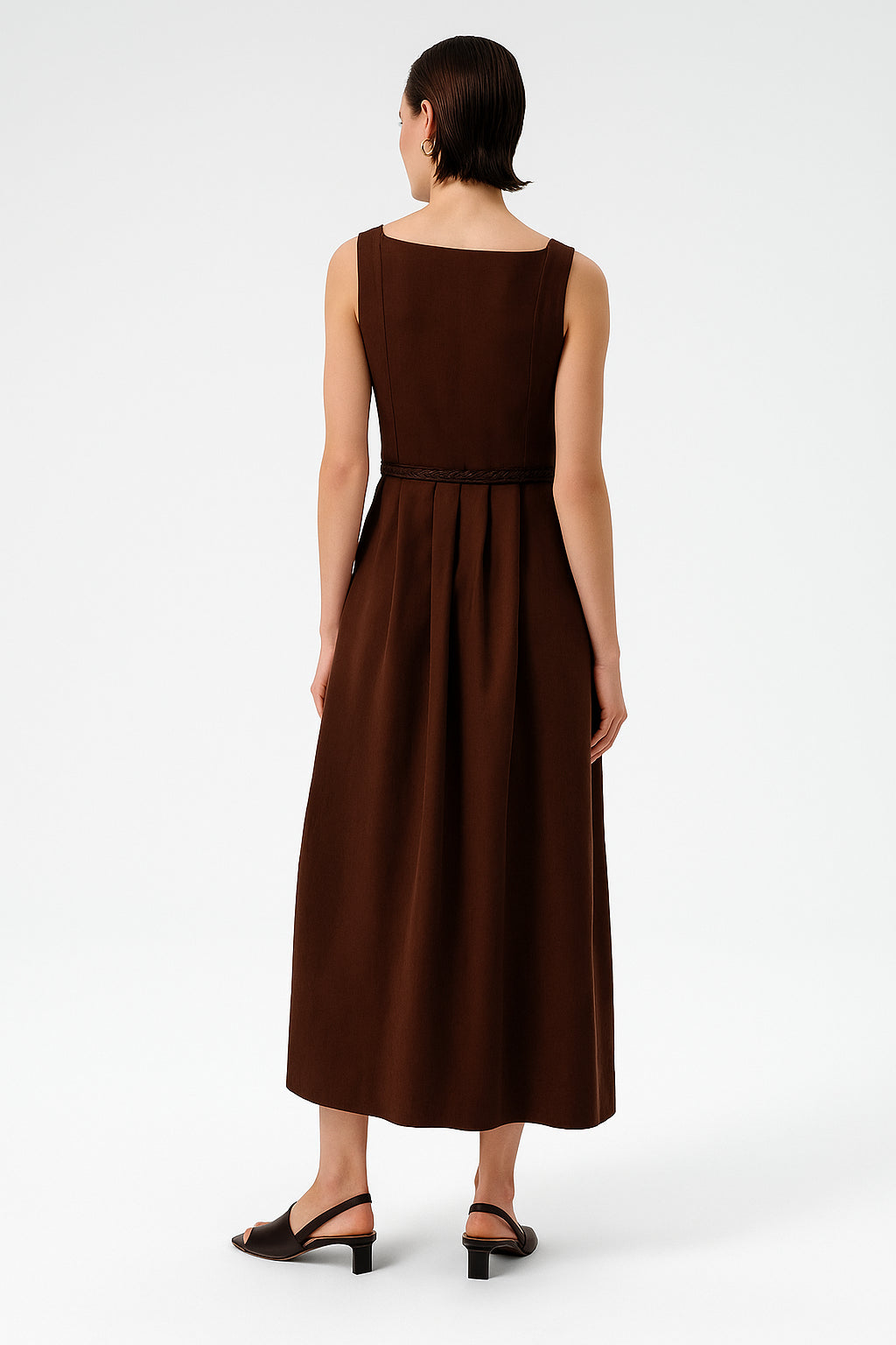 Brown Square Neck Belted Long Dress