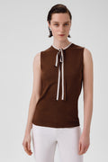 Brown Collar Tied Sleeveless Blouse