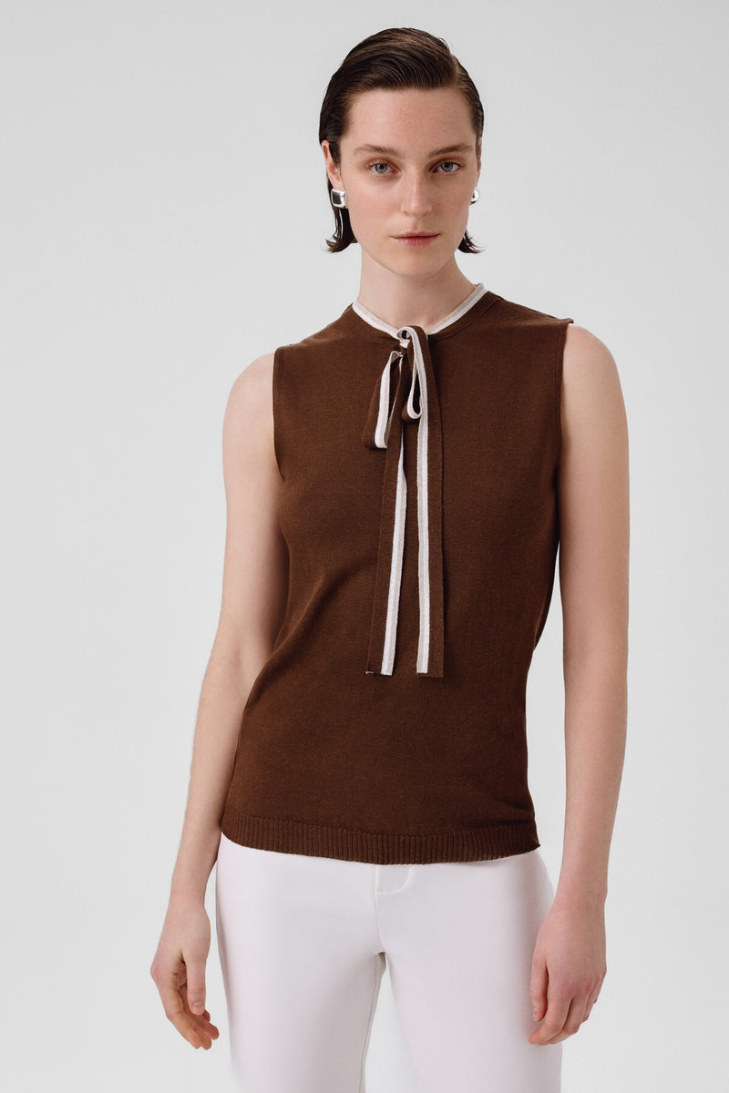 Brown Collar Tied Sleeveless Blouse