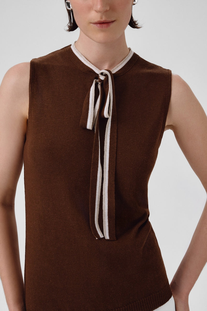 Brown Collar Tied Sleeveless Blouse
