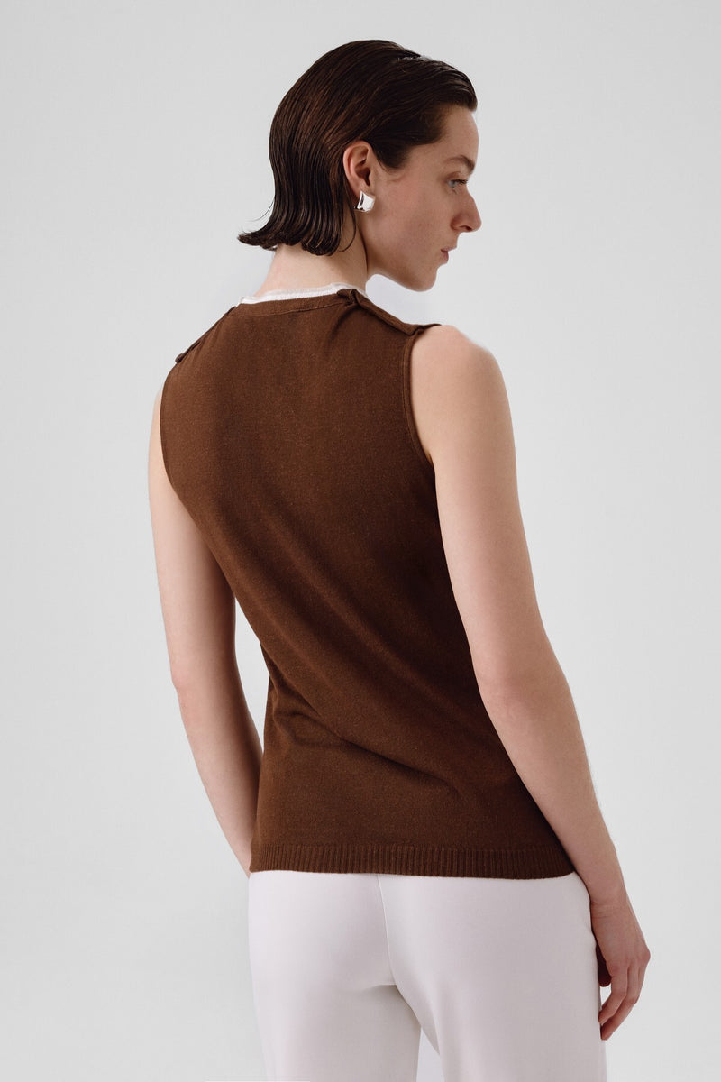 Brown Collar Tied Sleeveless Blouse
