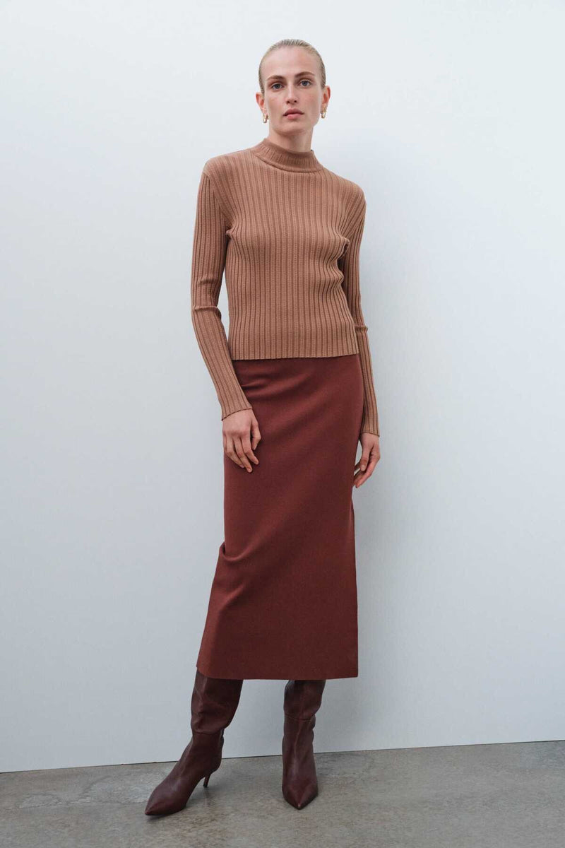 Brown Slit Detail Midi Skirt