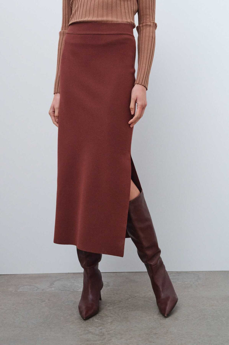 Brown Slit Detail Midi Skirt