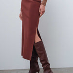 Brown Slit Detail Midi Skirt