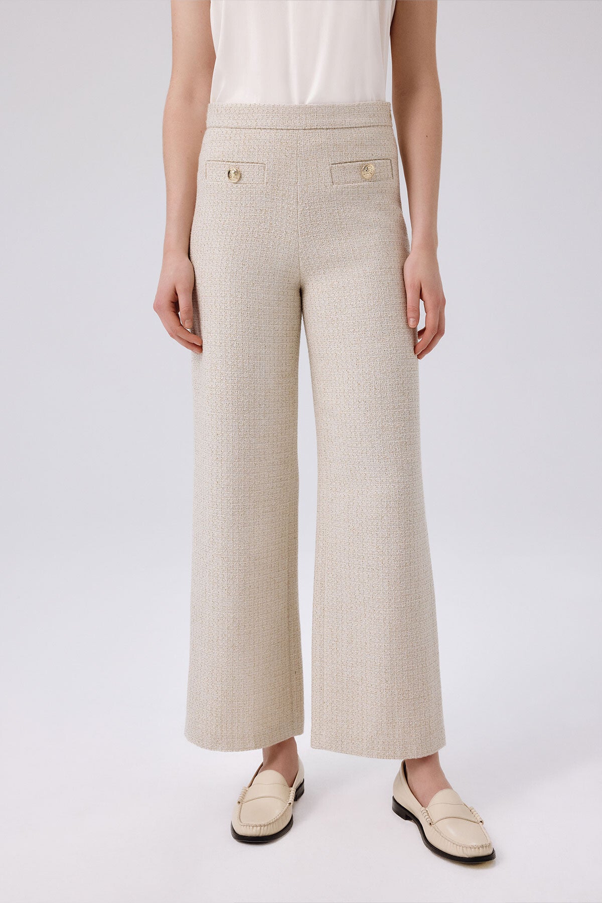Bone Gold Button Detailed Tweed Pants