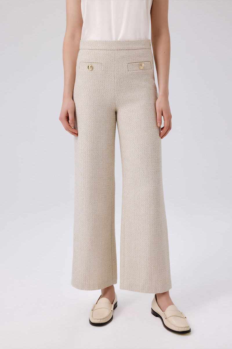 Bone Gold Button Detailed Tweed Pants
