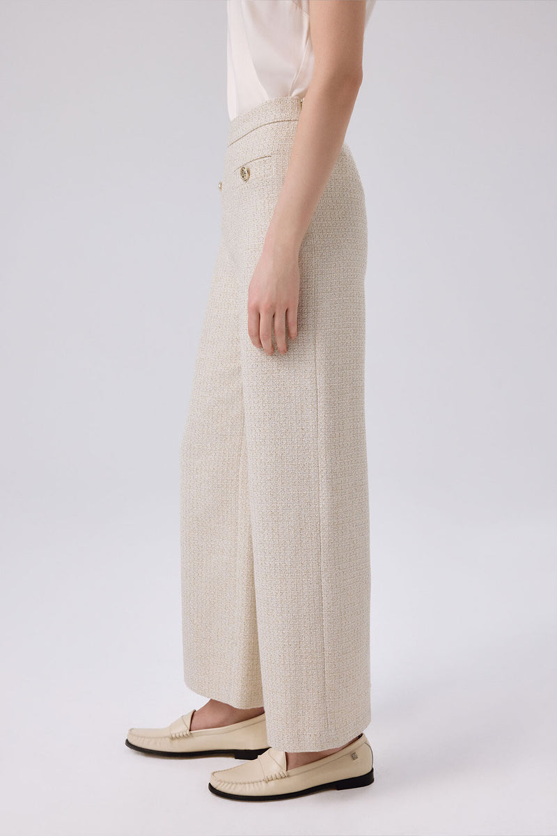 Bone Gold Button Detailed Tweed Pants
