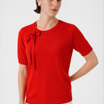 Red Ribbon Detailed Short Sleeve Blouse