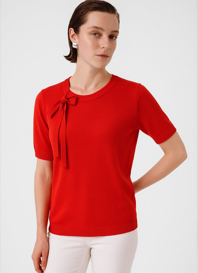 Red Ribbon Detailed Short Sleeve Blouse