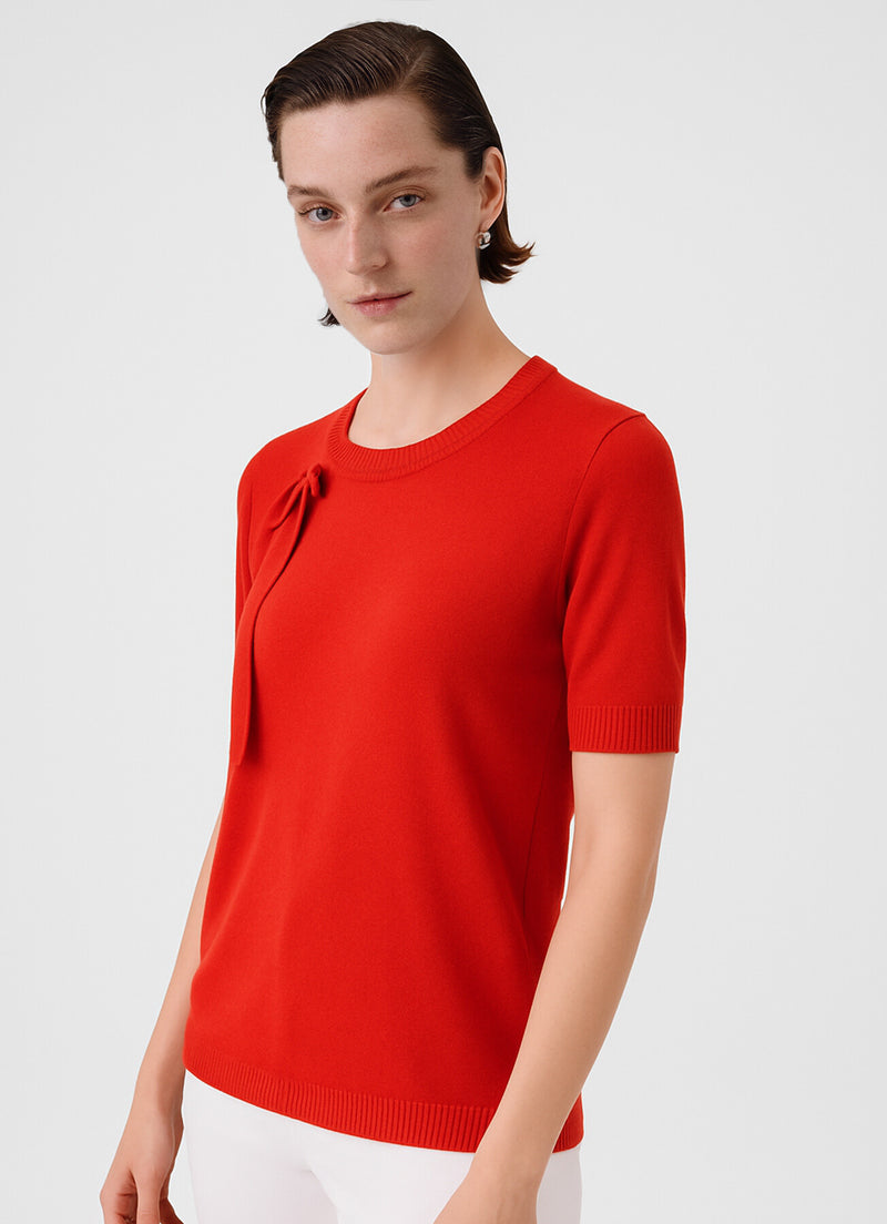 Red Ribbon Detailed Short Sleeve Blouse