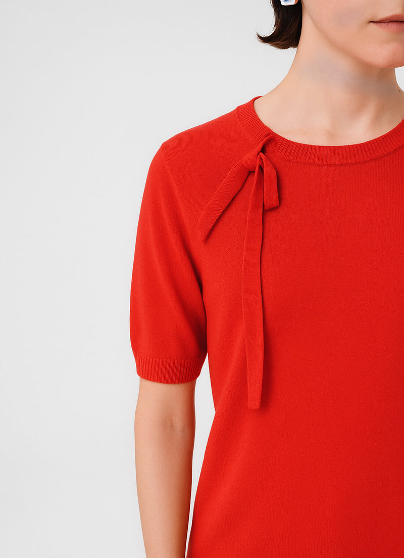 Red Ribbon Detailed Short Sleeve Blouse