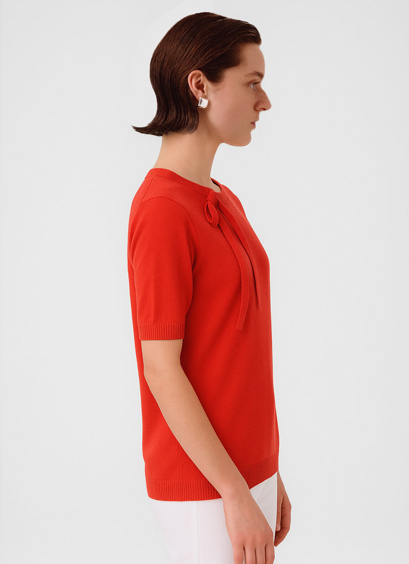 Red Ribbon Detailed Short Sleeve Blouse