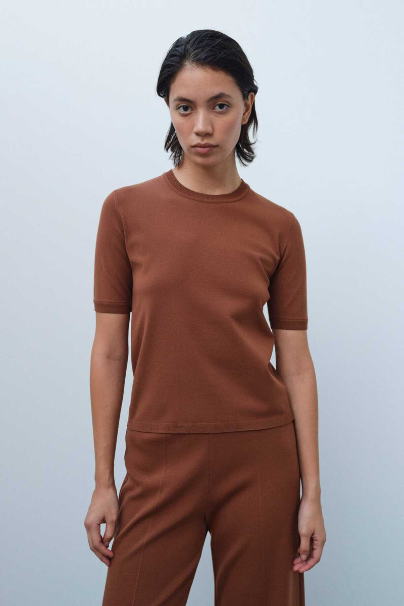 Short-Sleeved Slim Fit Brown Knit Women's Sweater